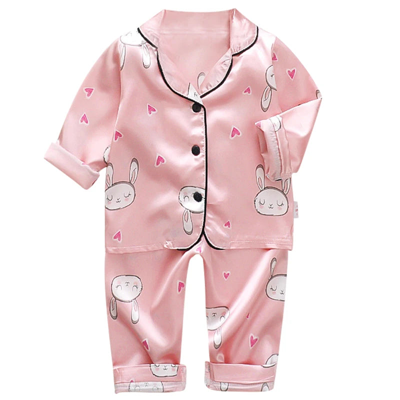 Korean version of childrens pajamas set silk satin long sleeve top+trousers two -piece male baby girl cartoon solid color set