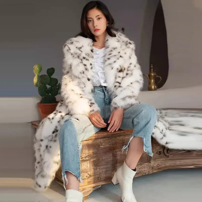 Retro Leopard Faux Fur Long Coats Women Winter Warm Thicken Open  Coat Female Casual Loose Elegant Chic Street Outwear