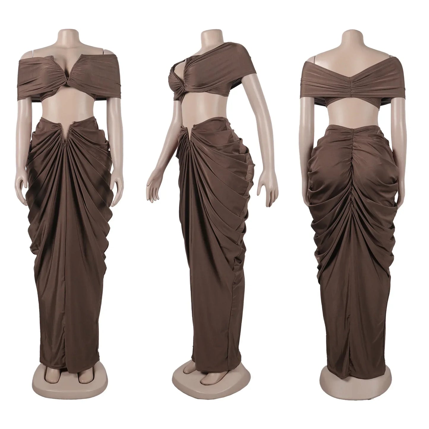 CM.YAYA Stacked Ruched Women's Set Off Shoulder Crop Top and Low Waist Maxi Long Skirts 2023 Sexy Party Two 2 Piece Sets Outfits