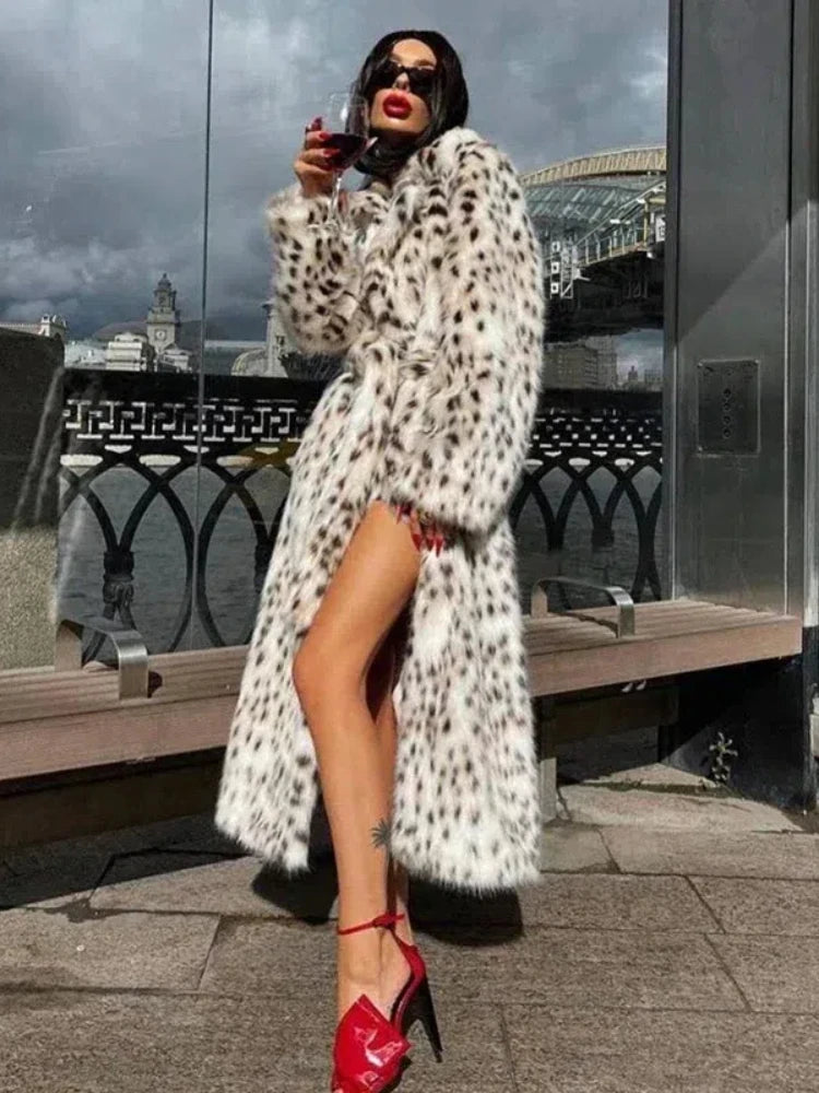 Retro Leopard Faux Fur Long Coats Women Winter Warm Thicken Open Maxi Coat Female Casual Loose Elegant Chic Street Outwear