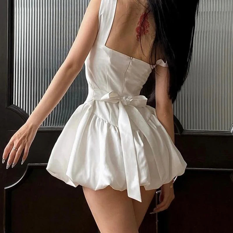 Darlingaga Fashion Chic Satin Party Dress Mini White Bud Spaghetti Strap Corset Sexy Summer Dresses Women Tie-Up Bow Sundress