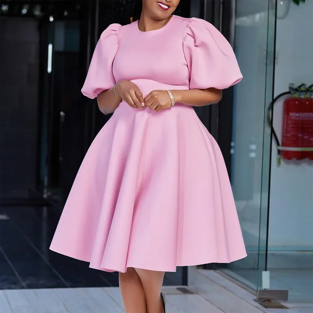 Elegant O Neck Short Sleeve High Waisted Pleated Mid Calf Luxury Dress