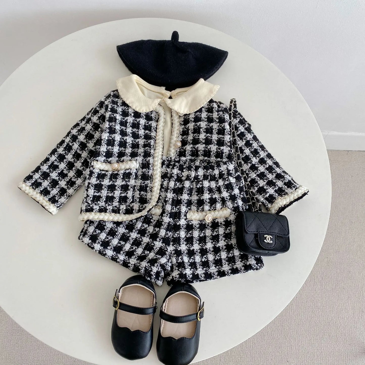 New Baby Boys And Girls' Tweed Black Plaid Long Sleeved Shirt With Open Coat And Short Pant