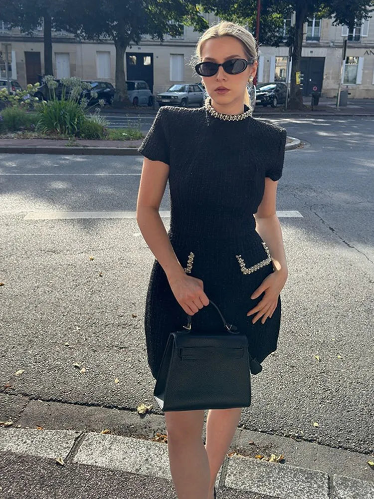 Women Elegant Square Collar Dress Slim Shoulder Pad High Waist Short Sleeve Dresses 2024 Autumn Commuting Office Style Vestidos