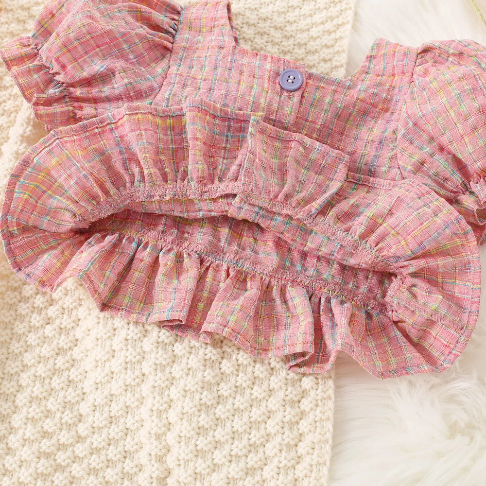 Baby Girl Cotton Color Plaid Bubble Sleeve Top And Shorts Set Cute Princess Style Two-Piece Set For Girls