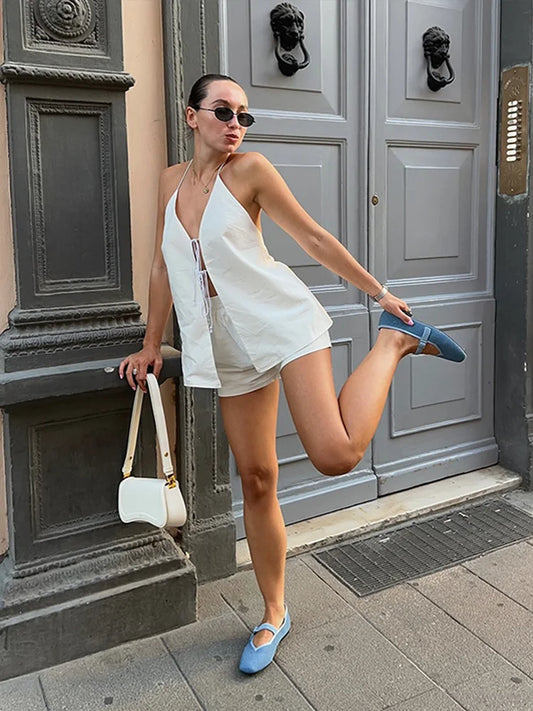 Tie-Back Top & Flow Shorts for Minimalist Summer Essence Luxe Loungewear Co-Ord