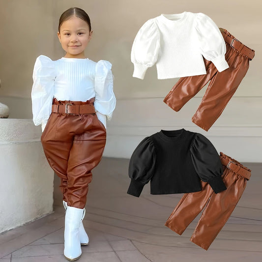 Kids Girls Clothing Set Long Puff Sleeve Ribbed Blouse Tops, PU Leather Pants with Belt