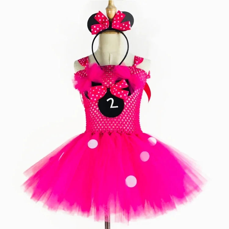 Cute Girls Pink Mickey Tutu Dress Baby Crochet Tulle Dress with White Dots and Hairbow Kids Birthday Party Cartoon Cosplay Dress