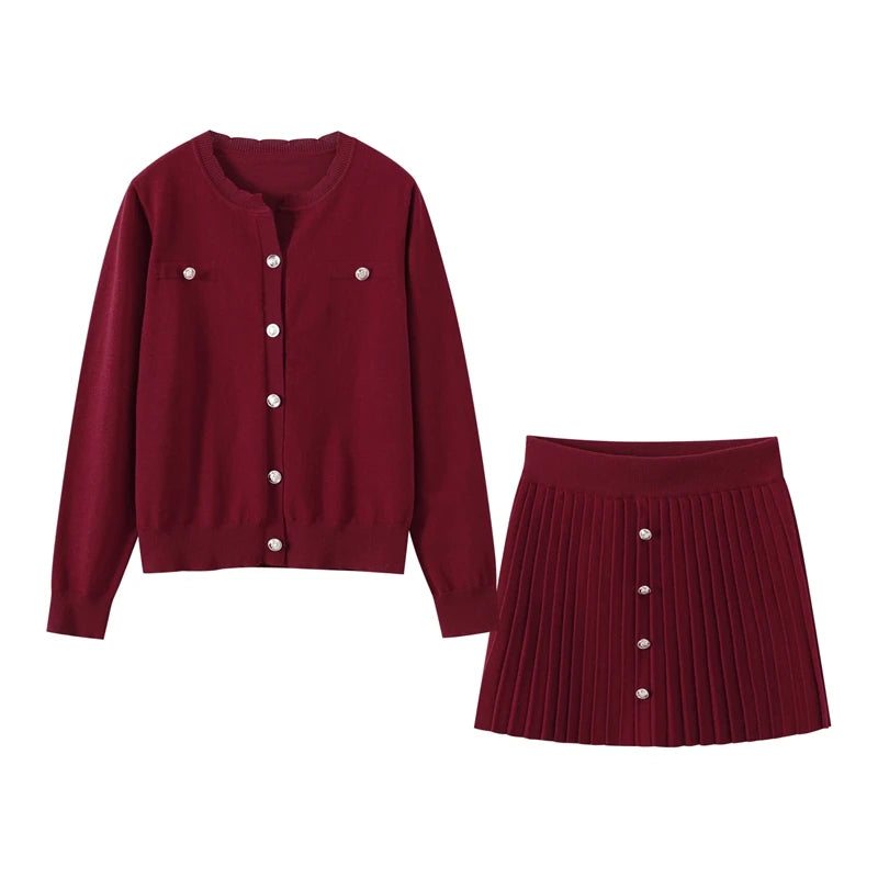 Elegant Button Coat Mini Skirt Women Set Slim Burgundy Red O-neck Single Breasted Top Skirts Sets 2024 Autumn New Lady Outfits