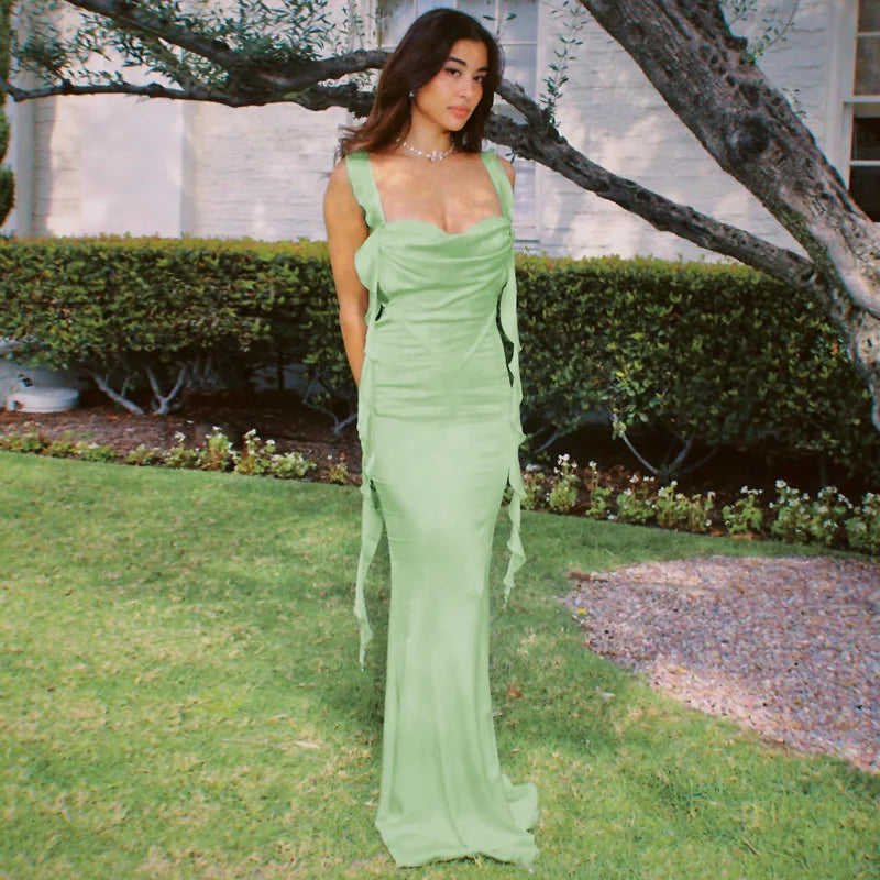 Elegant Sleeveless  Ribbon Sexy Backless Maxi Split Dress
