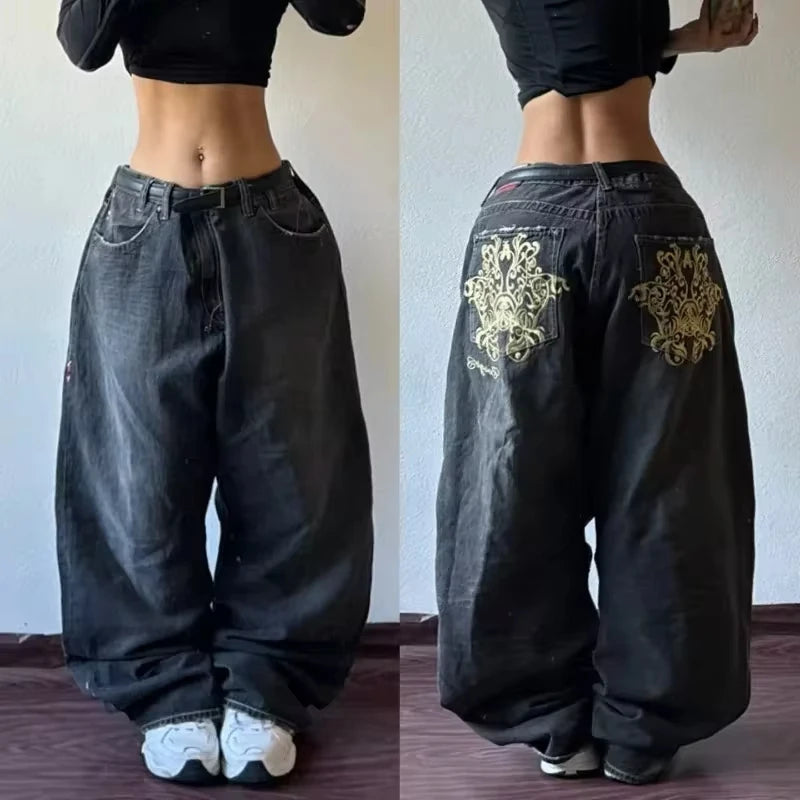 Streetwear Fashion New Letter Graphic Embroidery Baggy Jeans Women Y2K Gothic Harajuku Vintage Popular High Waist Wide Leg Pants