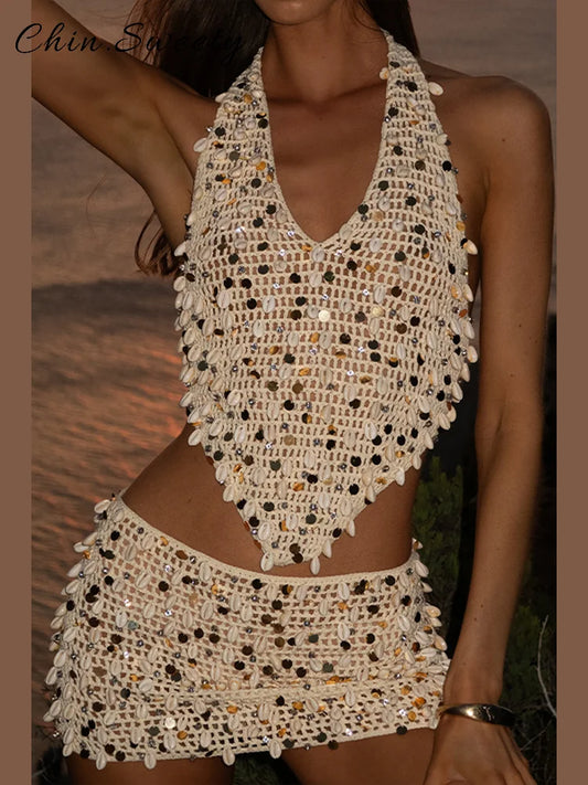 Shine & Sway Hollow Out Halters and Glittered Mini Skirts