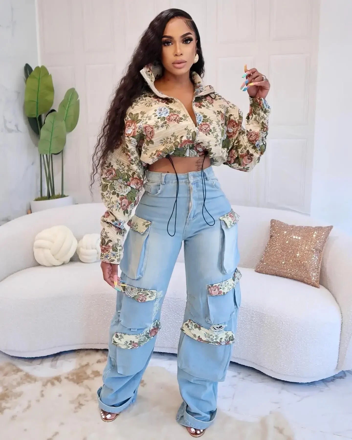 Denim Outfit Women Floral Patchwork Zipper Fly Drawstring Cropped Jacket + Pockets Cargo Jeans 2 Piece Set Streetwear Tracksuits