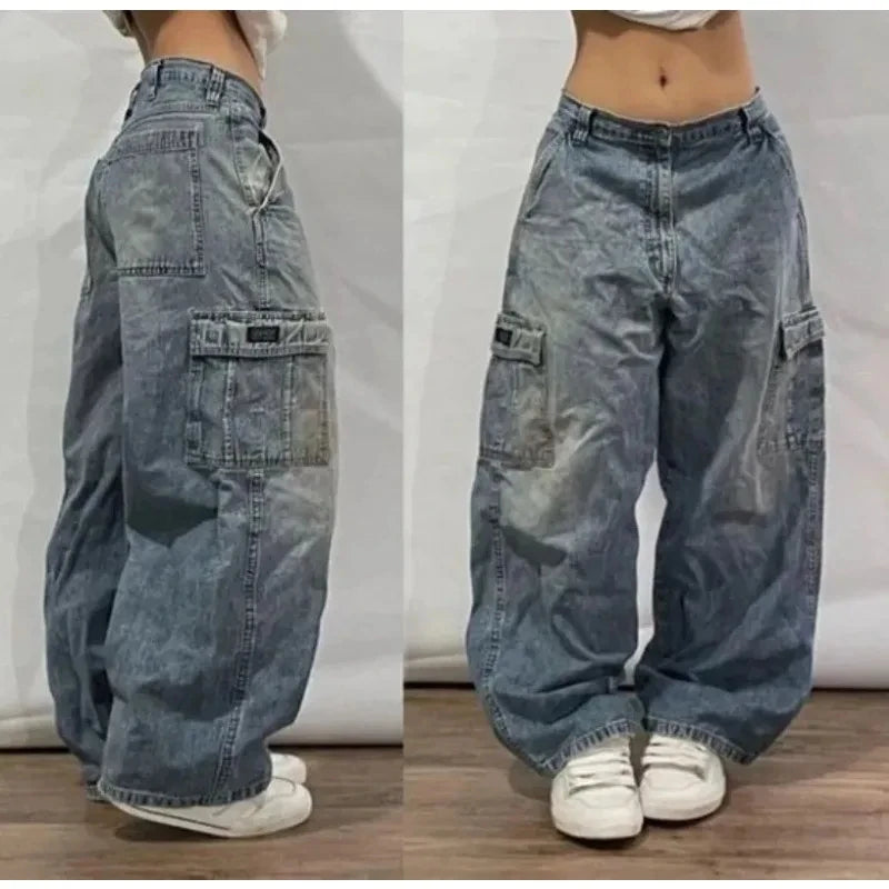 Streetwear Fashion New Letter Graphic Embroidery Baggy Jeans Women Y2K Gothic Harajuku Vintage Popular High Waist Wide Leg Pants