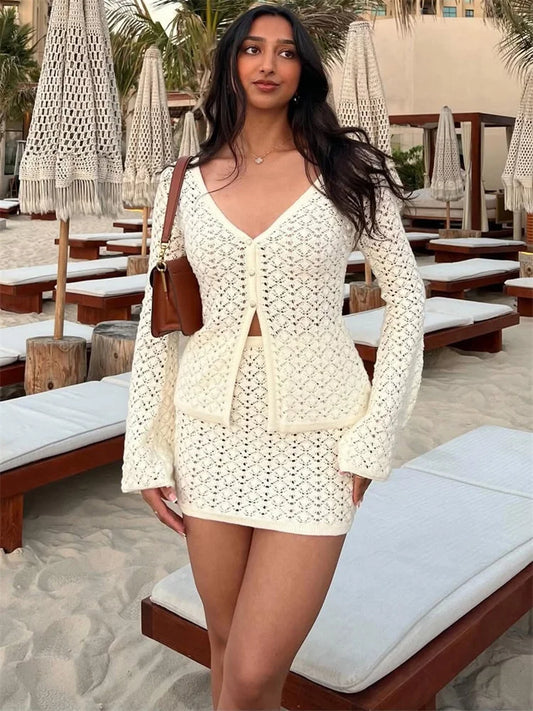 Tossy Knit Hollow Out 2 Piece-Set Skirt Sets Women V-Neck Cardigan Coat And High Waist Mini Skirt Outfits Knitwear Beach Clothes