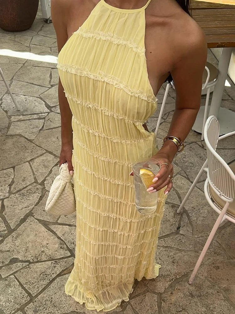 Chic Breeze Backless Ruched Maxi Dress