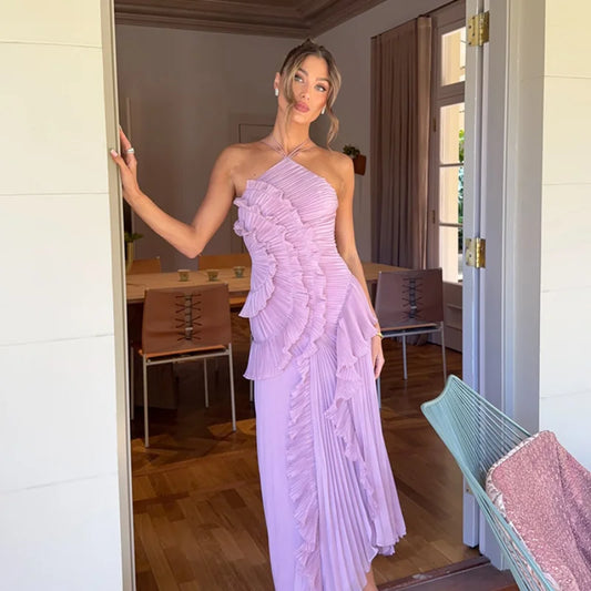 Royal Bloom Halter Tiered Ruffles Backless Party Dress