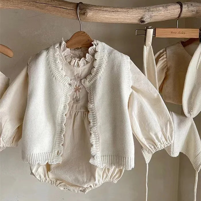 Baby Romper Girls Long Sleeve Jumpuit Clothing Girl Beige Petal Collar Bodysuit