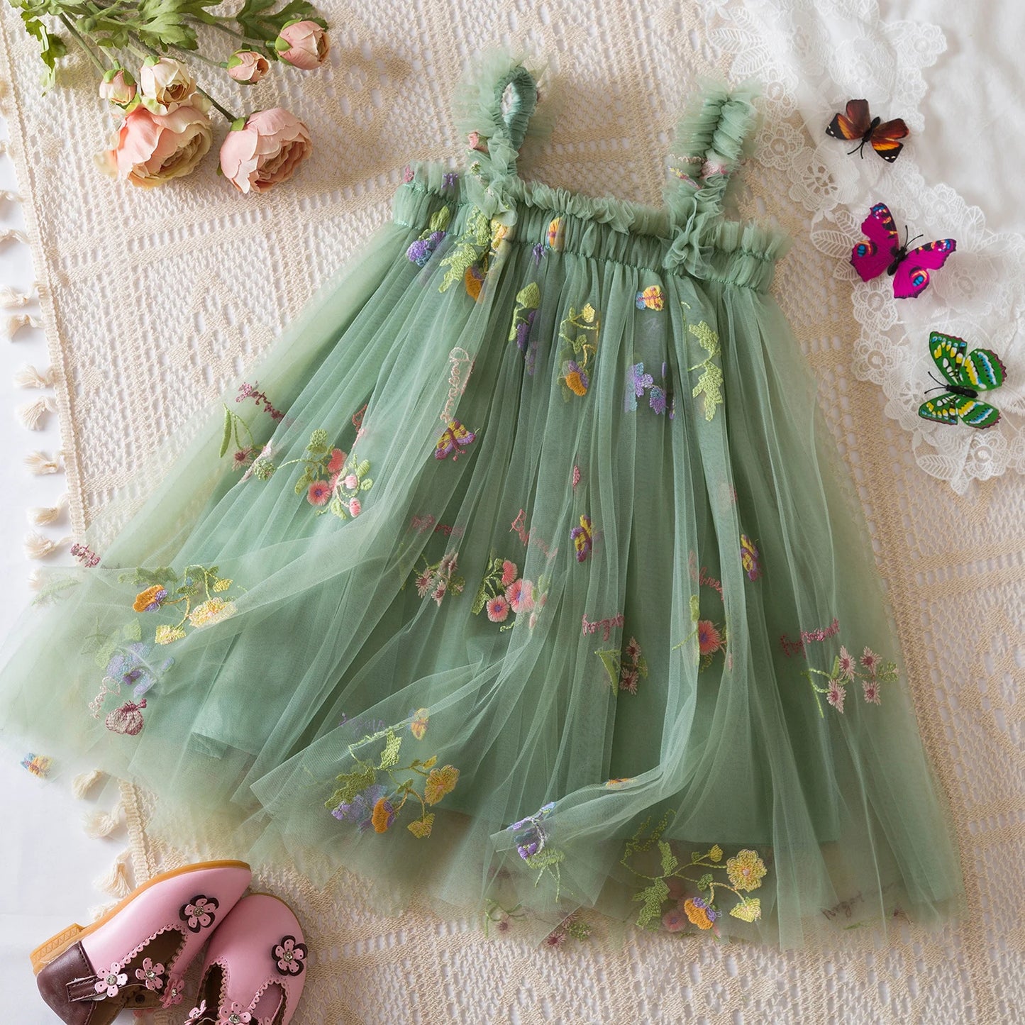 Fashion Dress Holiday Girls Suspender Puffy Mesh Clothes Children Flower Wear Princess Embroidery Tulle Dress