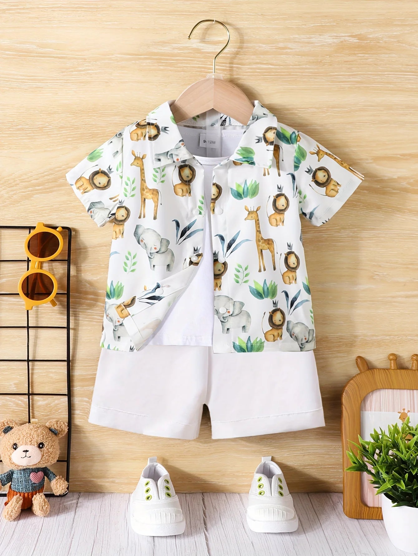 2 Piece Summer Baby Boy Casual Small Animal Print Short Sleeve Shorts Holiday Travel Shirt Set Comfortable and Breathable