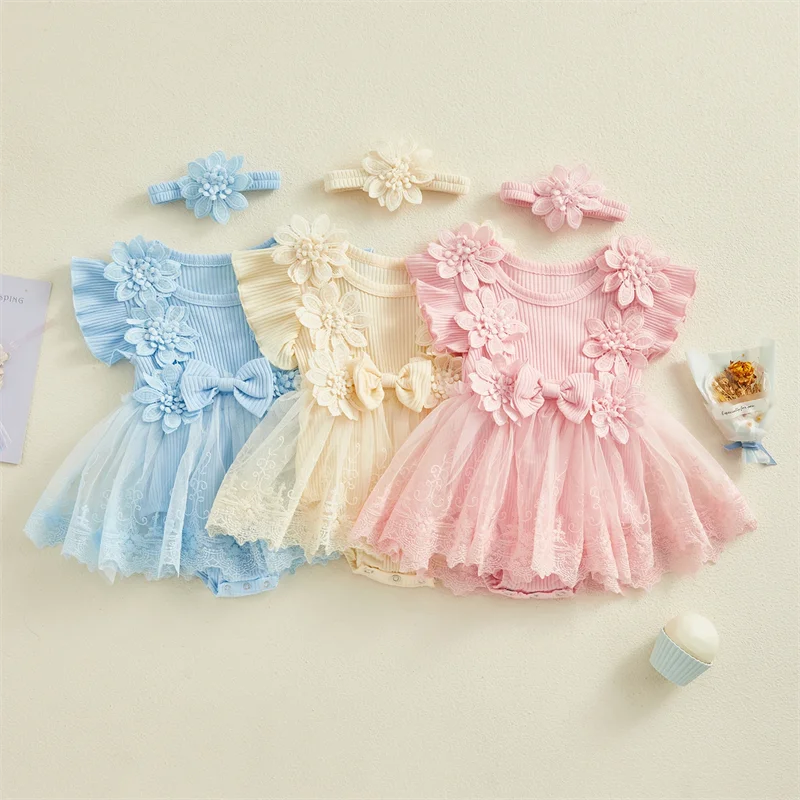 Baby Girls Princess Mesh Lace Patchwork Ruffle Bodysuit Dress Headband