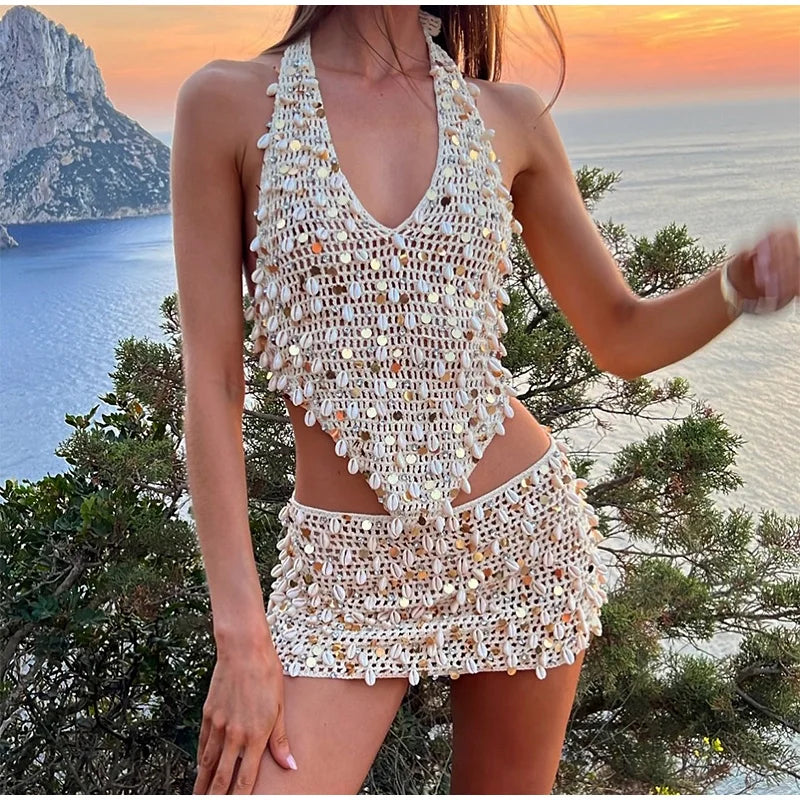 Shine & Sway Hollow Out Halters and Glittered Mini Skirts