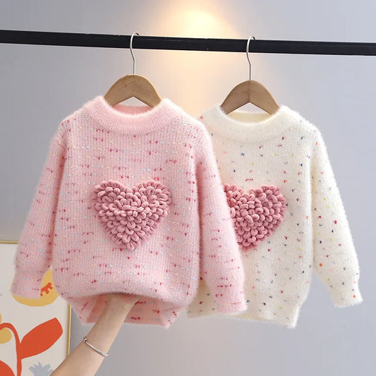 Children Autumn Winter Knitwear Love Heart O-Neck Pullovers Loose Colorful Spot Sweater