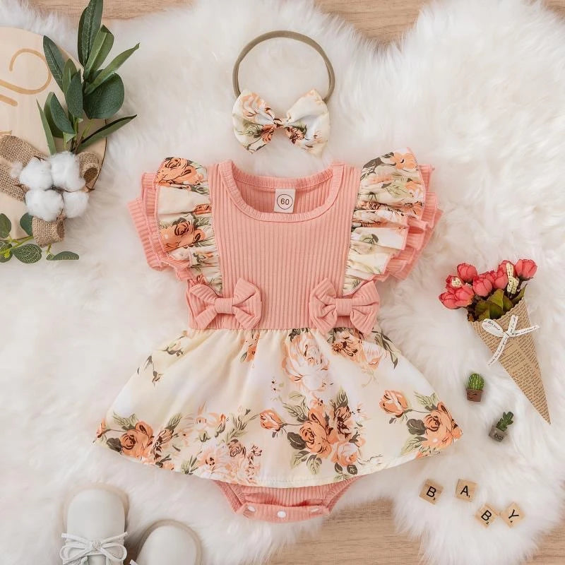 Baby Girl Dress With Bowknot Striped Jumpsuit Cotton Dress For Newborn Floral Clothes Baby Crawling Clothes