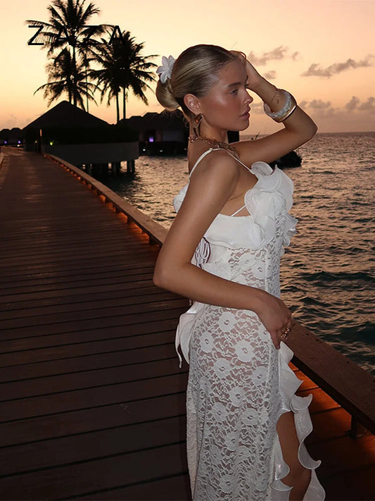 Chic Ruffle Edge Knit Hollow-Out Maxi Dress
