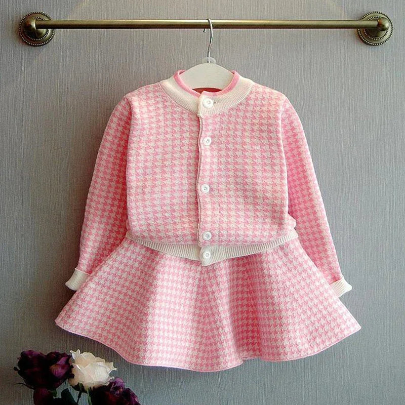 Girl Pink Plaid Sweater Sets Winter Kids Cardigan Sweater Baby Girl Toddler Clothing