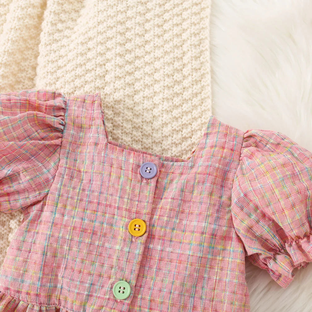 Baby Girl Cotton Color Plaid Bubble Sleeve Top And Shorts Set Cute Princess Style Two-Piece Set For Girls