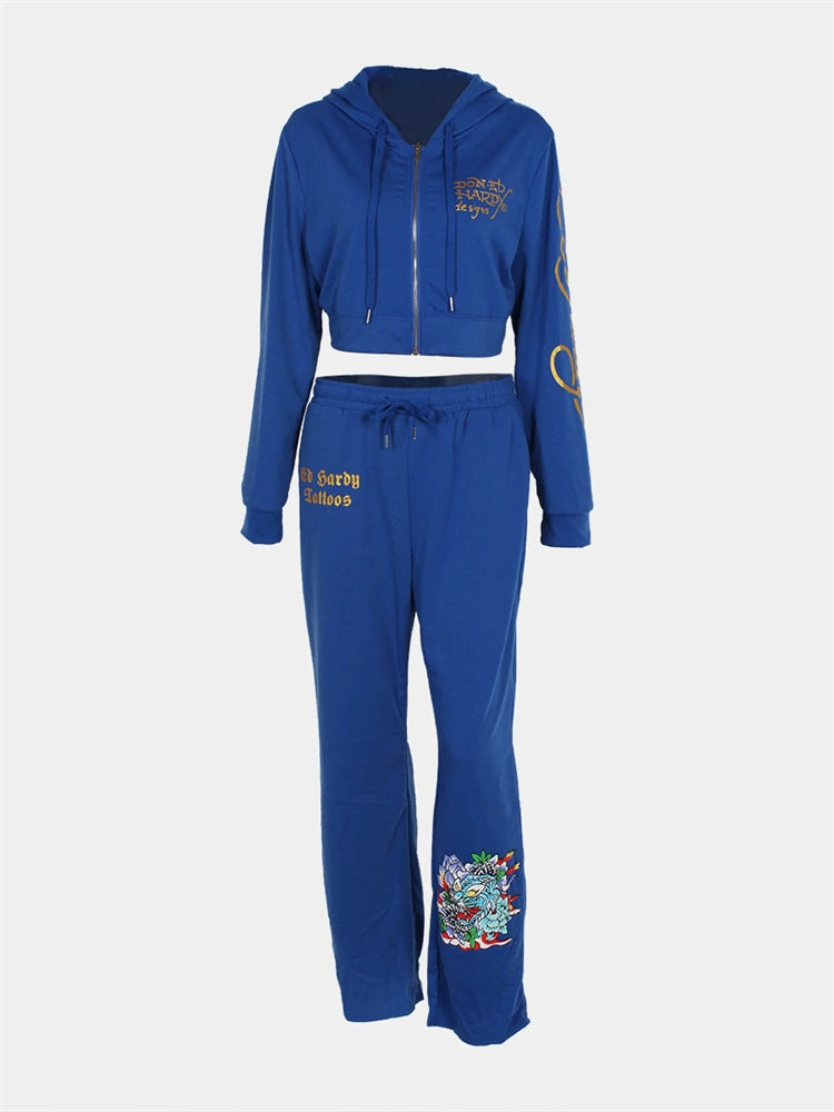 Aualay Y2k Black Printed Hoodies Sweatpant Party Club Clothing For Woman 2024 Spring Blue Graphic Bodycon 2 Two Piece Pants Sets