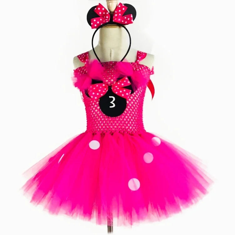 Cute Girls Pink Mickey Tutu Dress Baby Crochet Tulle Dress with White Dots and Hairbow Kids Birthday Party Cartoon Cosplay Dress