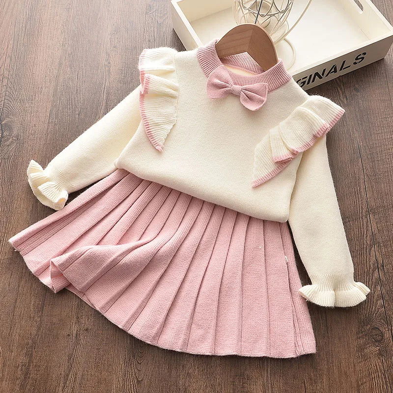 Casual Girls Dress Knitting Kids Suit  Long Sleeves Princess Top and Skirt 2pcs Outfits Sweater Kids Clothes