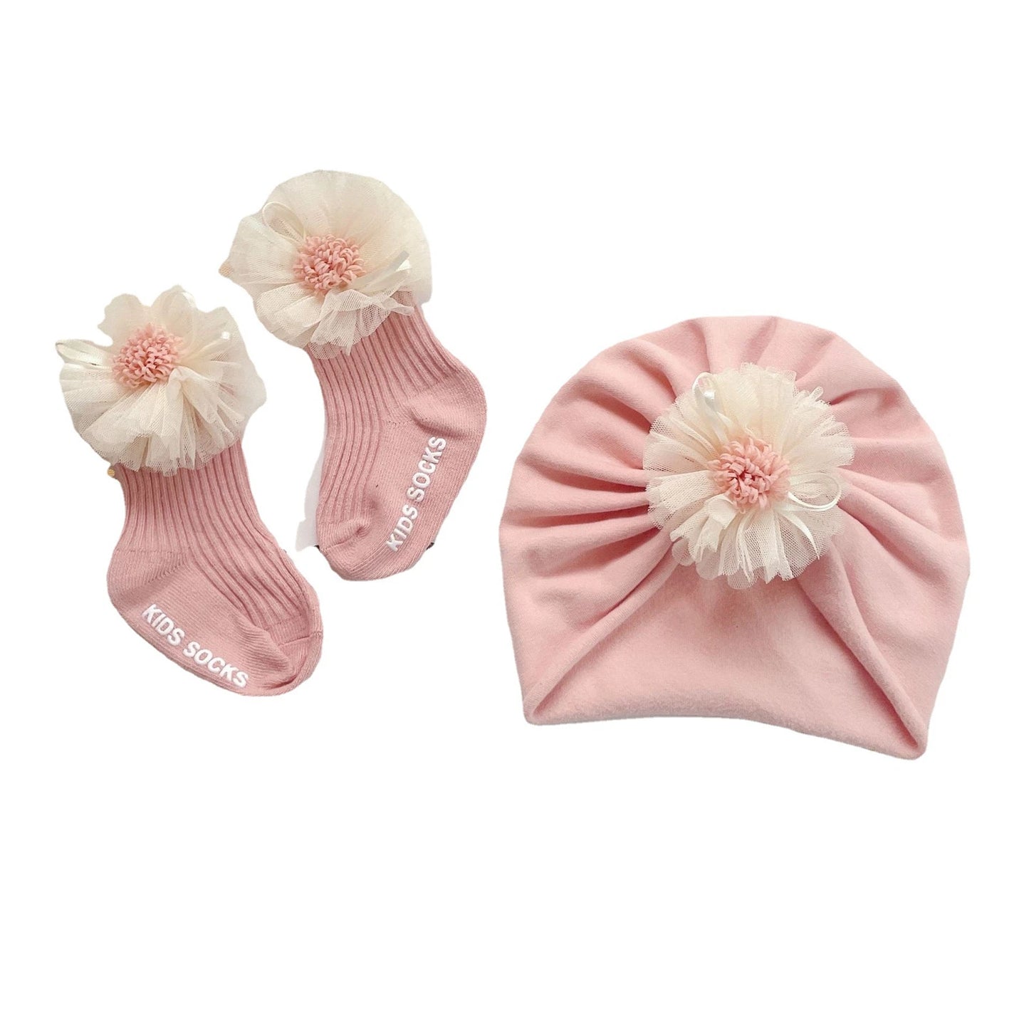 Baby Girls Socks Cap Set Lace Flower Ribbed Short Sock+ Hat Autumn Beige Pink