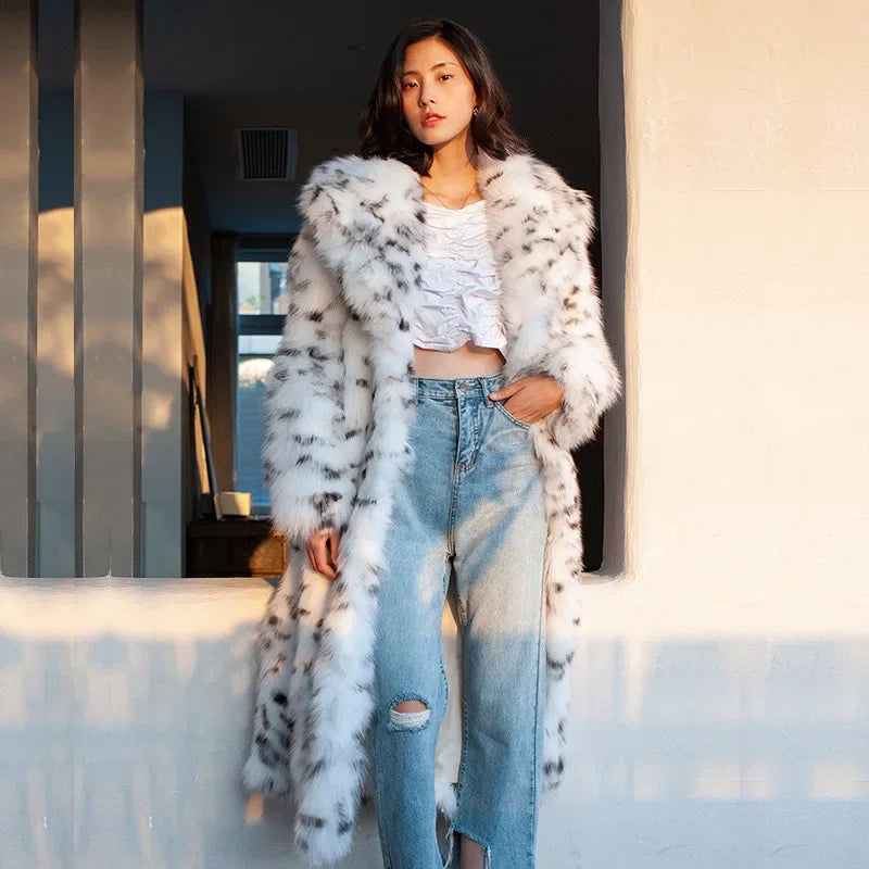 Retro Leopard Faux Fur Long Coats Women Winter Warm Thicken Open  Coat Female Casual Loose Elegant Chic Street Outwear