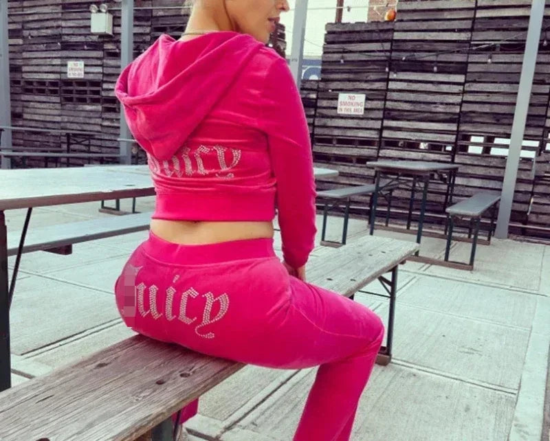 Rhinestone Logo Tracksuit Women Autumn Activewear Juicy Bling Velour Long Sleeve Hoodie Jacket+Track Pants Two Piece