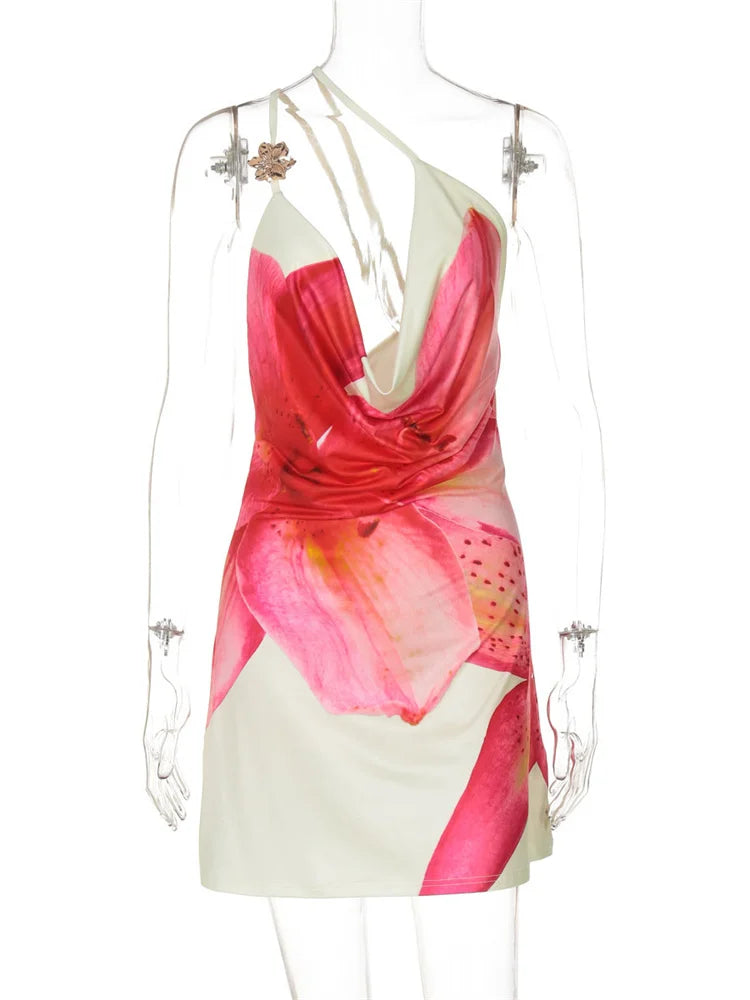 One-Shoulder Spaghetti Straps & Flirty Backless Style Bold Bloom Bodycon Mini Dress