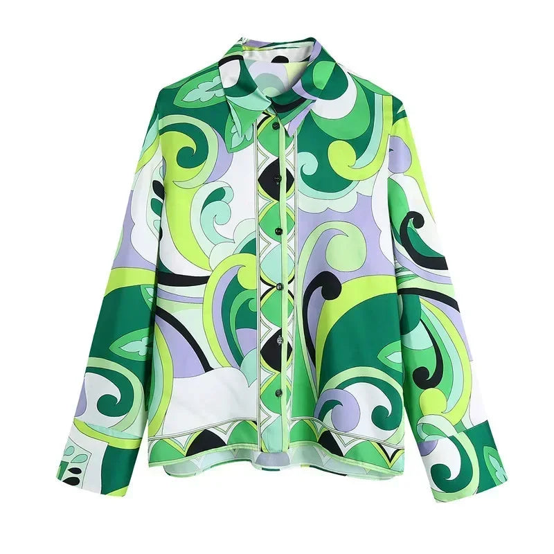 Summer Skirt Sets Women Tops 2024 Fashion Long Sleeve Plant Print Flower Shirt High Waist A-line Skirt Boho Beach Sets Y2k Skirt
