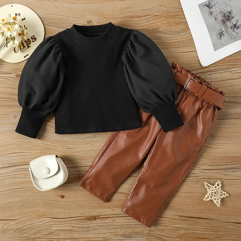 Kids Girls Clothing Set Long Puff Sleeve Ribbed Blouse Tops, PU Leather Pants with Belt