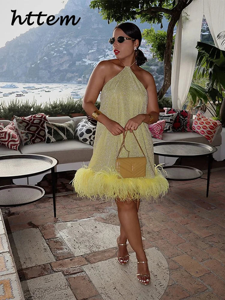 Golden Glow & Feather Flow Glitter Halter Mini Dress