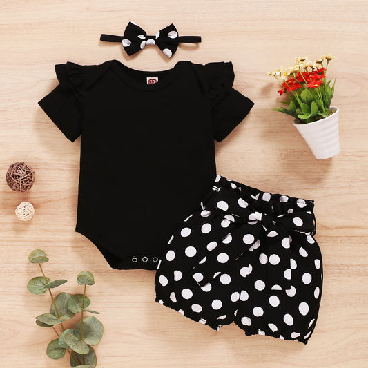 0-18Months Infants Baby Girl Set Black Short Sleeve Bodysuit+Polka Dot Shorts+Headband Toddler Girl Summer Fashion 3PCS Clothing