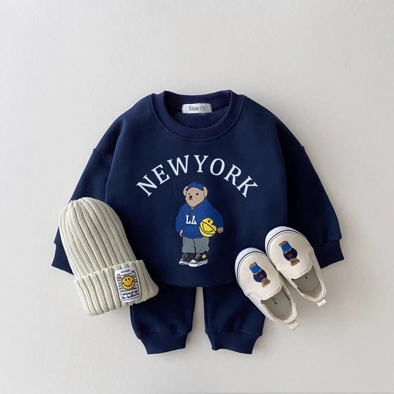 Newborn Spring Autumn 2PCS Baby 0-4Y Cotton Thick Long Sleeves+Pants Bear Boys Girls Printed Clothes Warmth Set Children