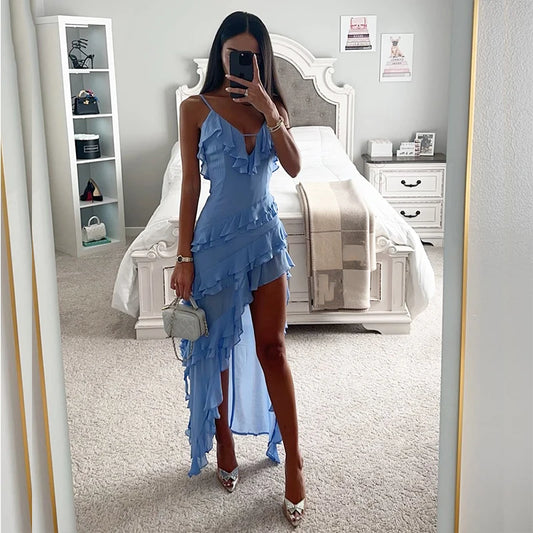 Elegant Solid Color High Split Layered Dress Sexy V-neck Ruffle Dress