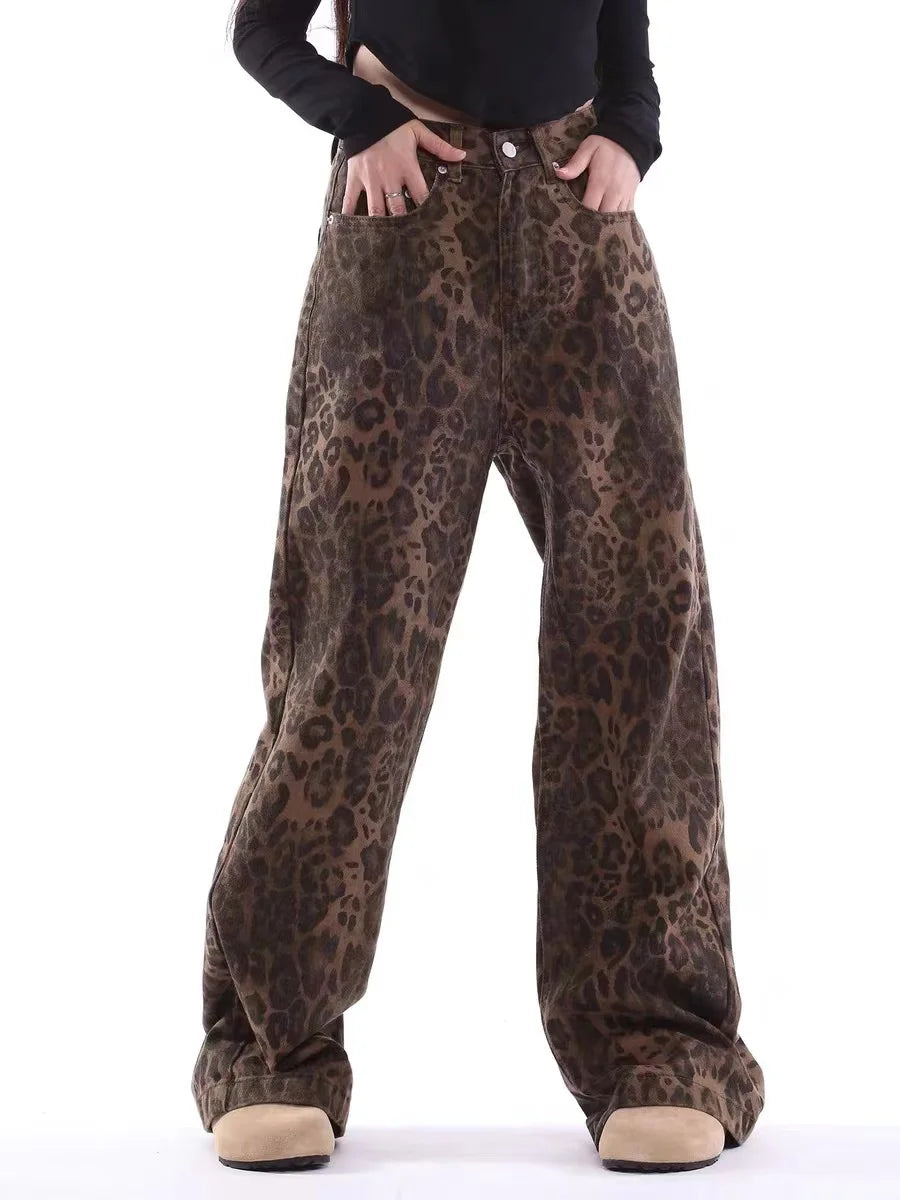 Vintage Leopard Print Jeans Women Spring Oversize Casual Hip Pop Wide Leg Trouser Trend High Waist Panther Denim Pants Ladies