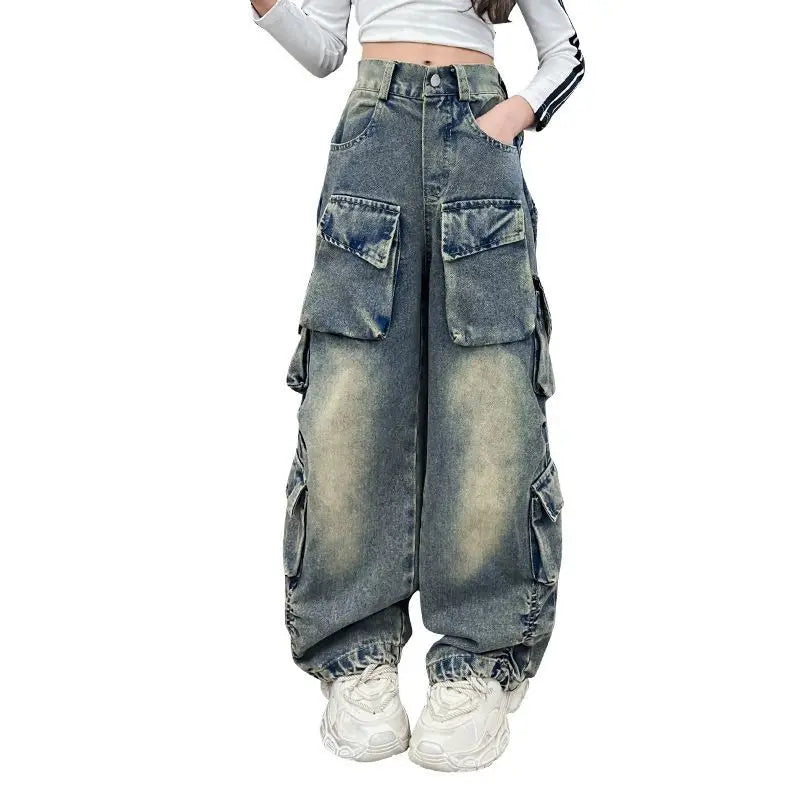 Cargo Jeans Elastic Waist Teenage Children Wide Leg Pants Design Streetwear