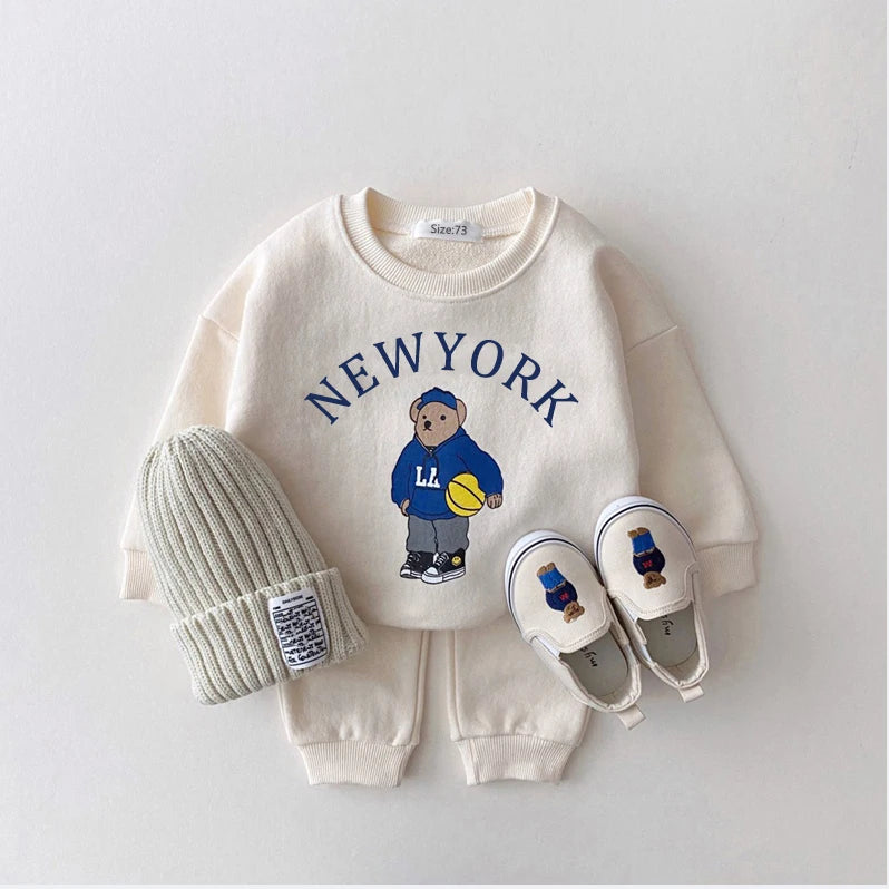 Newborn Spring Autumn 2PCS Baby 0-4Y Cotton Thick Long Sleeves+Pants Bear Boys Girls Printed Clothes Warmth Set Children