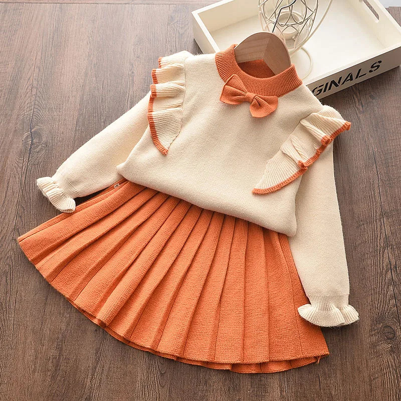 Casual Girls Dress Knitting Kids Suit  Long Sleeves Princess Top and Skirt 2pcs Outfits Sweater Kids Clothes