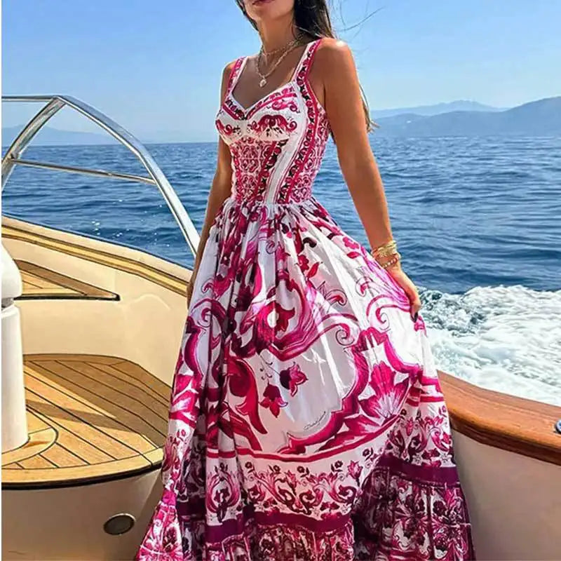 Women's Fashion Bohemian Elegant Light Luxury Mid length Printed Strap Dress
