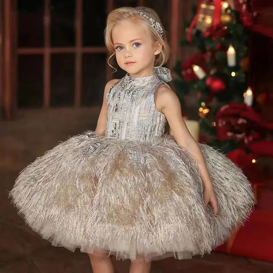 Jill Wish Luxury Champagne Girl Dress Feathers Dubai Kids Pink Wedding Birthday Communion Party Gowns vestido de Pageant J323